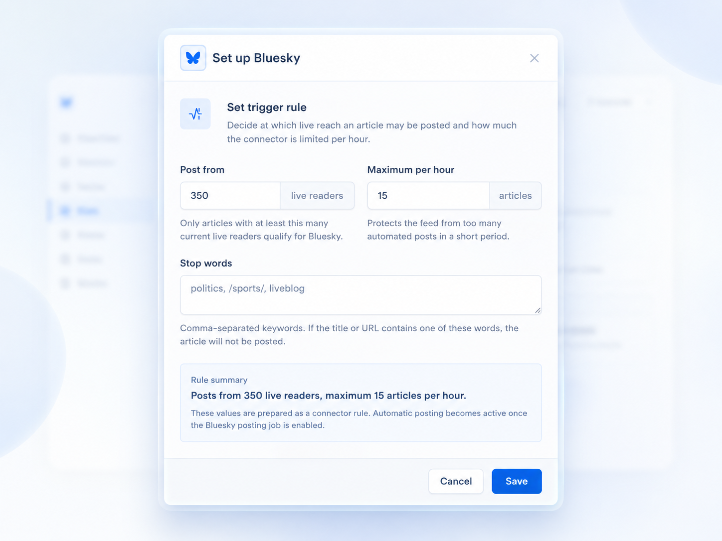 NowMetrix connector setup screen for Bluesky with trigger rules, hourly limits and stop words